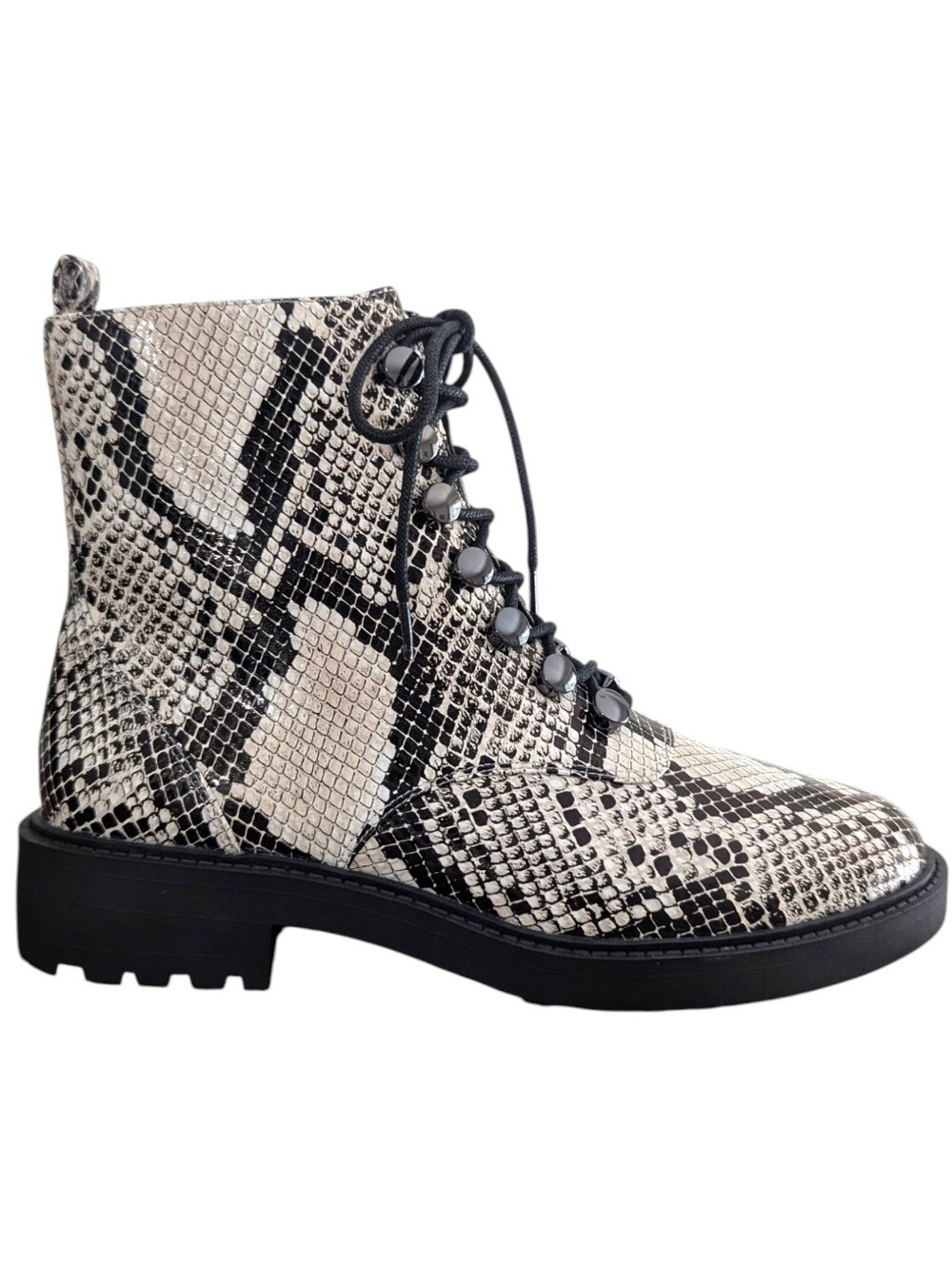 LINEA Paolo Snake Skin Combat Boot Trinity Leather Lug Sole Cream Black Size 8M